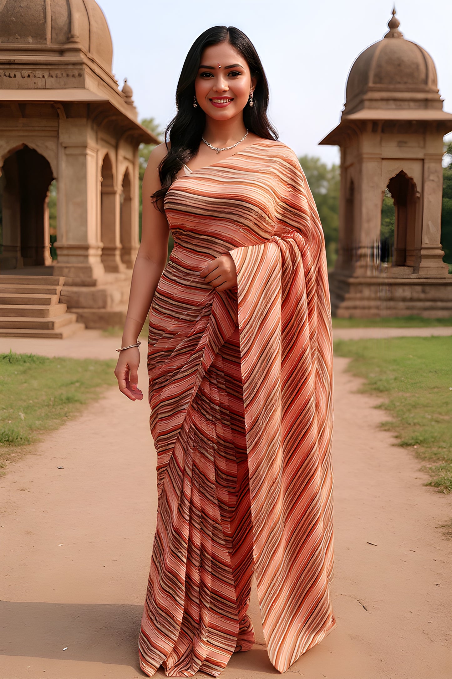 Printed Peach Leheriya Saree