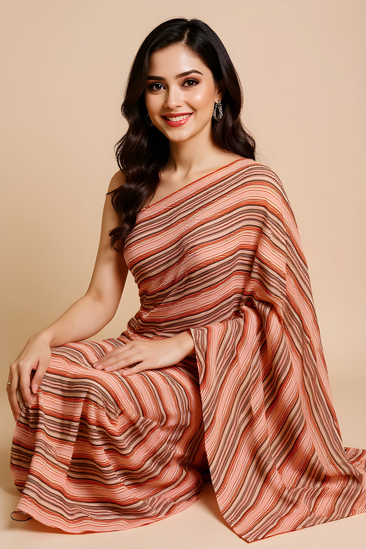 Printed Peach Leheriya Saree