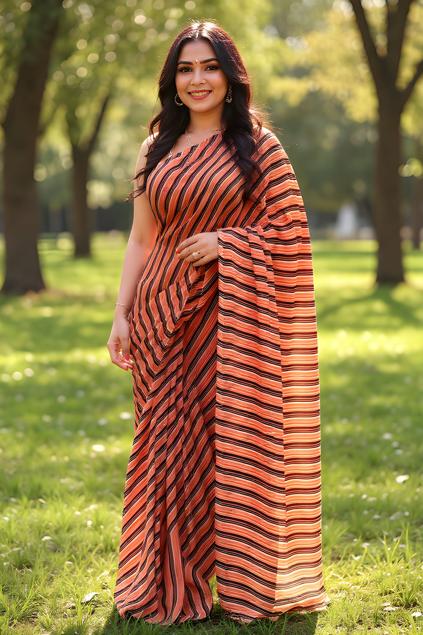 Printed Peach and Black Leheriya Saree