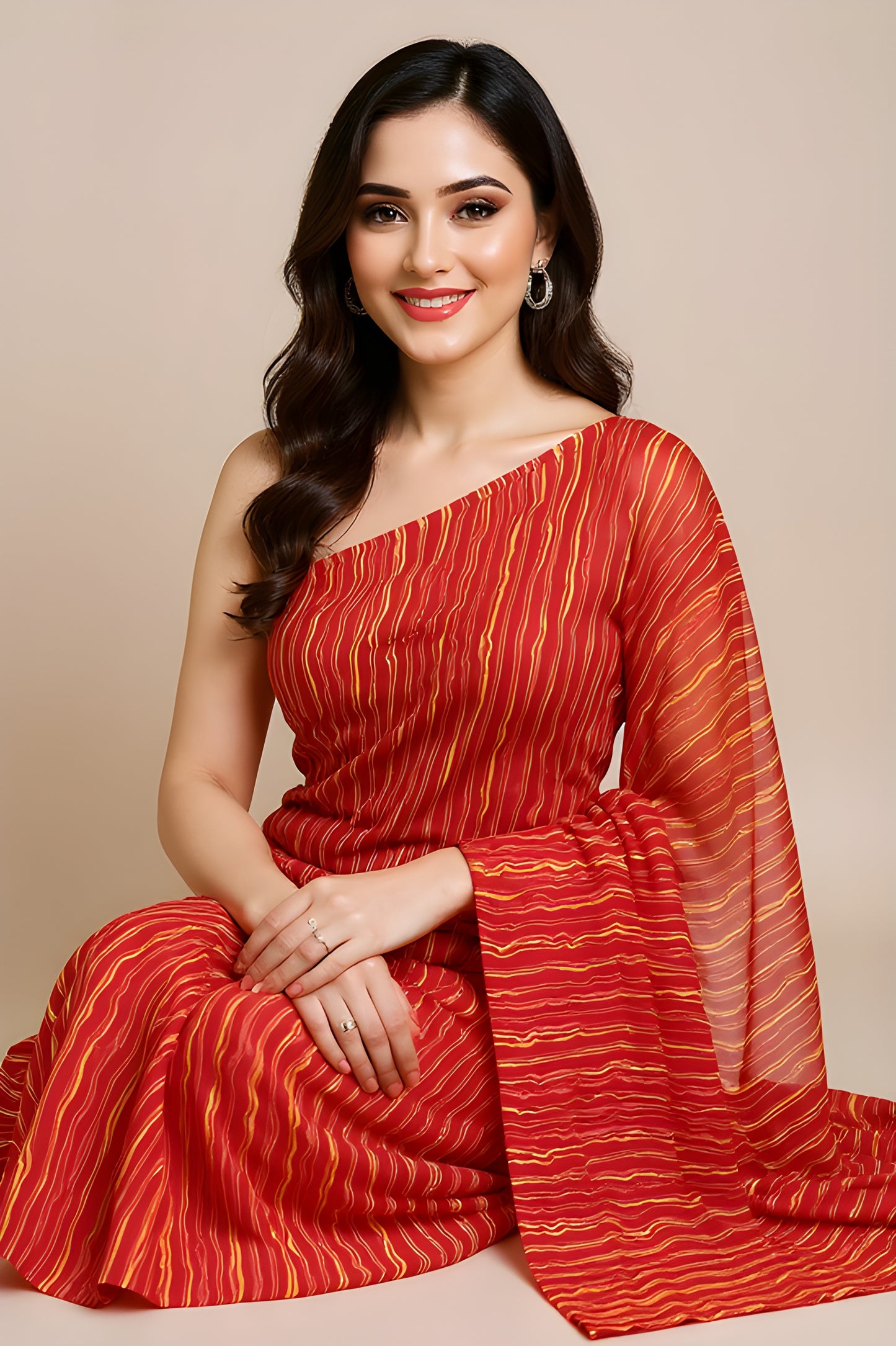 Printed Red Wavy Leheriya Saree