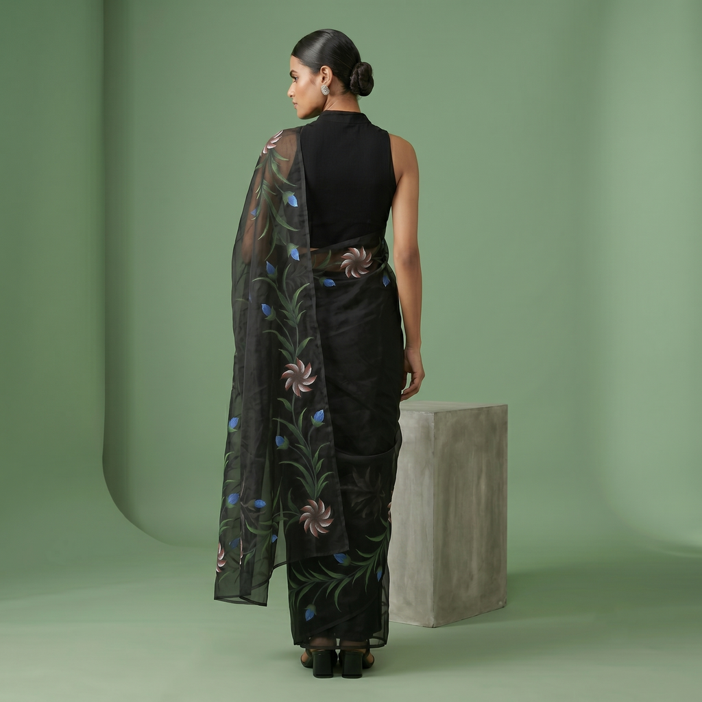 Hand Painted Soft Tissue Saree in Black Colour