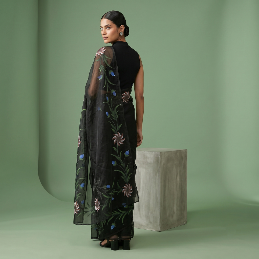Hand Painted Soft Tissue Saree in Black Colour