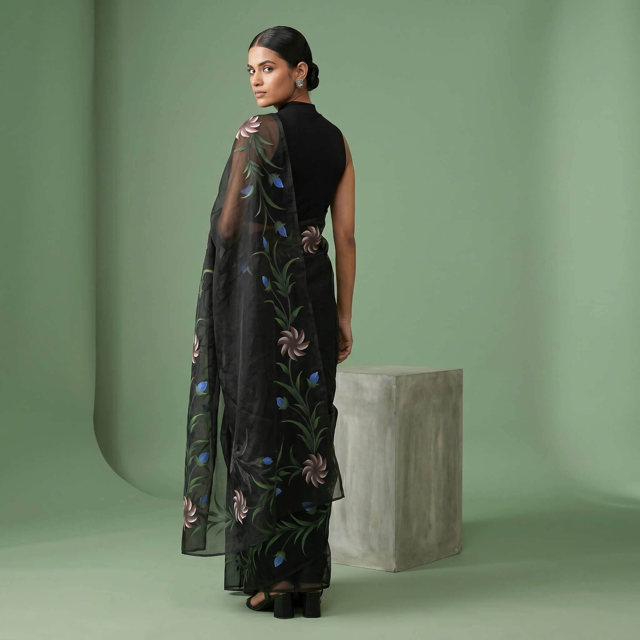 Hand Painted Soft Tissue Saree in Black Colour