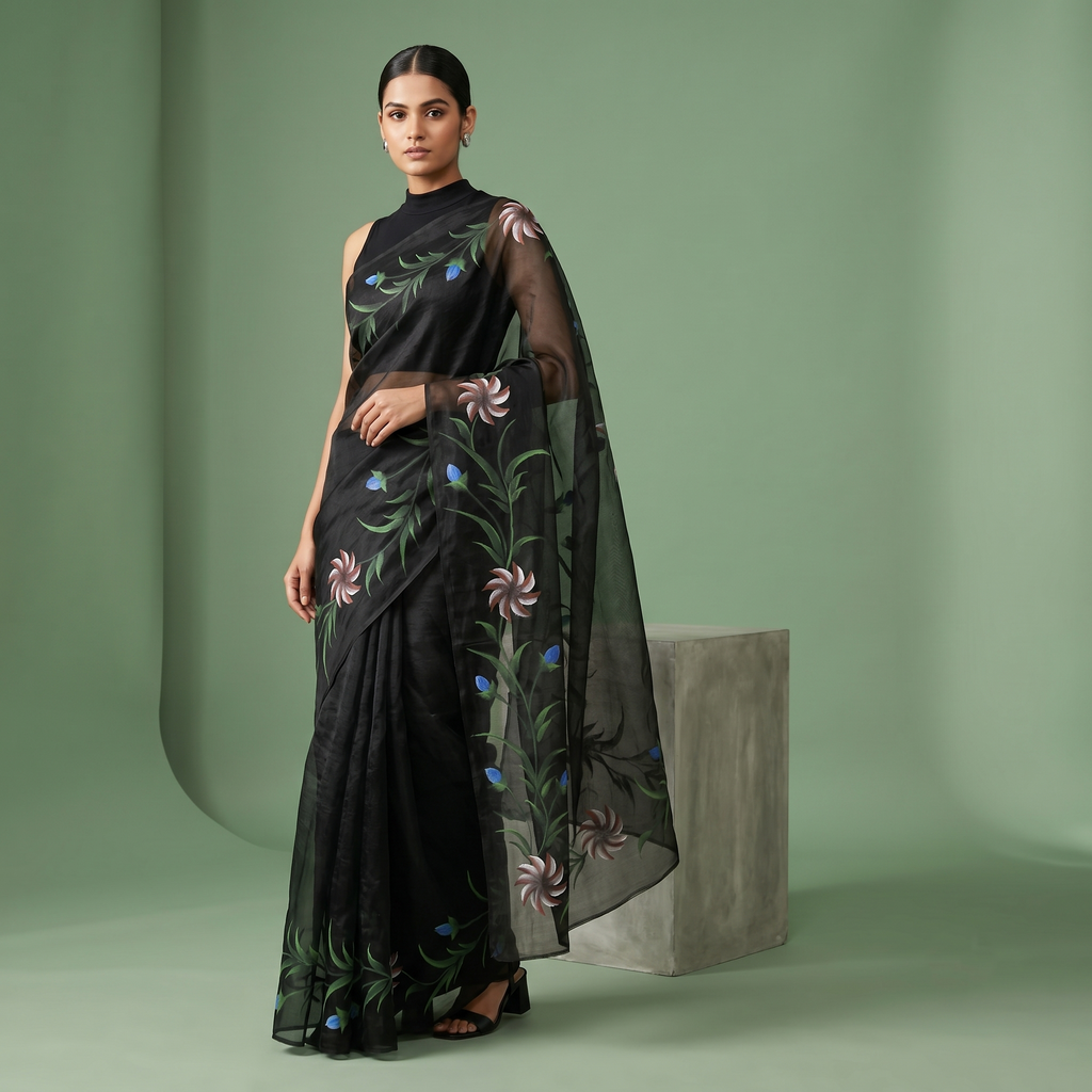 Hand Painted Soft Tissue Saree in Black Colour