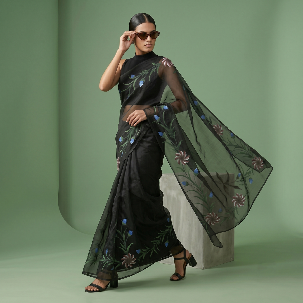 Hand Painted Soft Tissue Saree in Black Colour