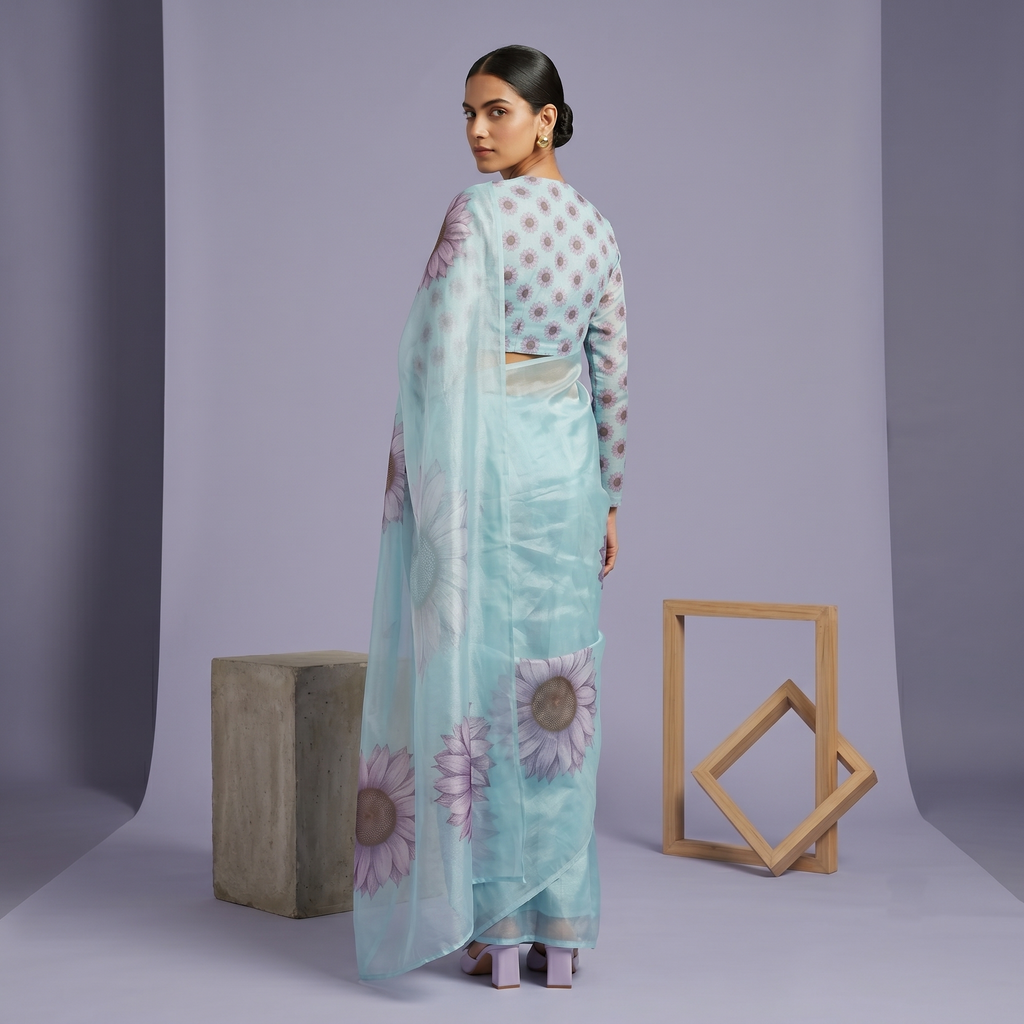 Digital Sunflower Printed Soft Tissue Organza Saree in Blue Colour