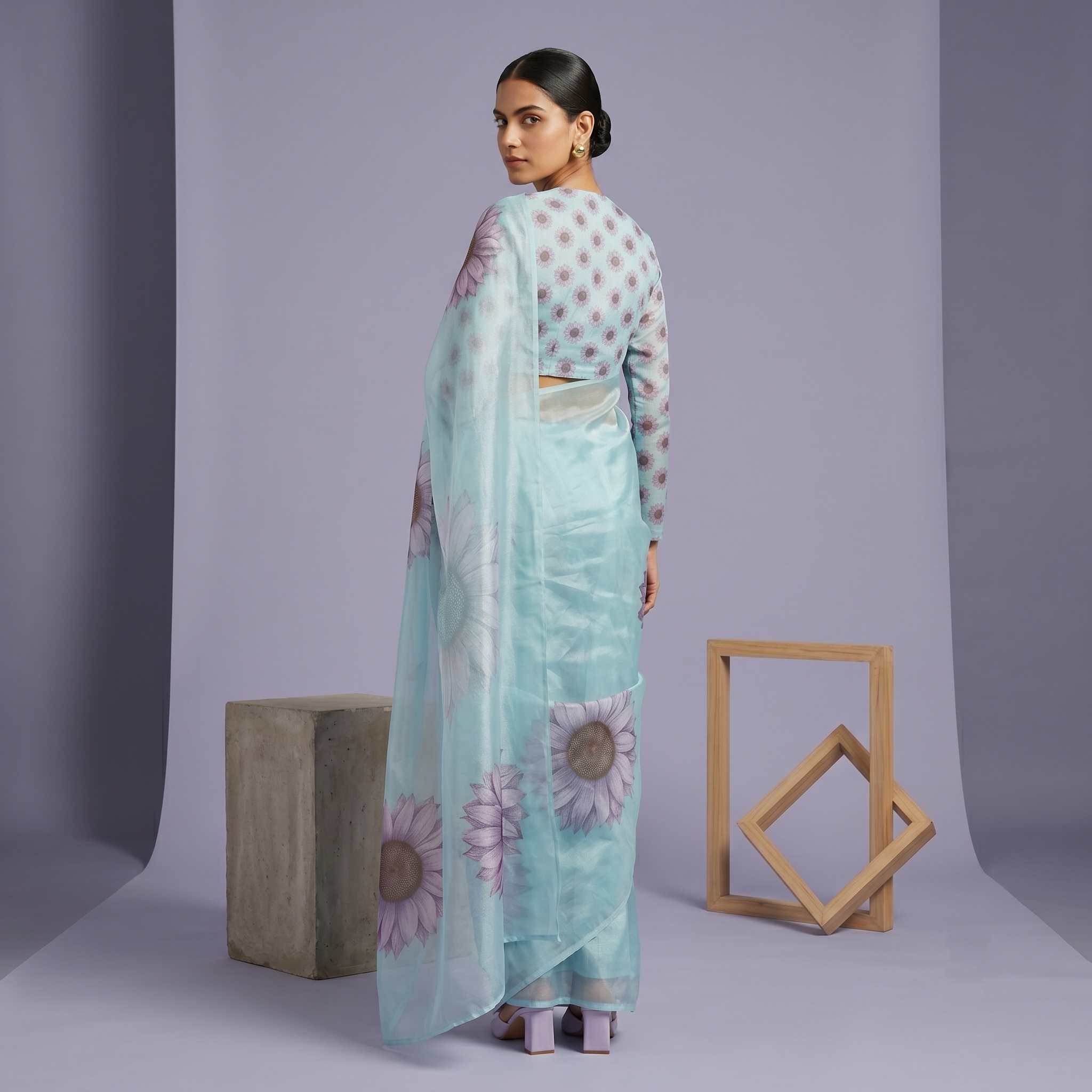 Digital Sunflower Printed Soft Tissue Organza Saree in Blue Colour