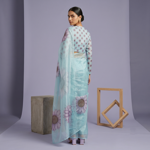 Digital Sunflower Printed Soft Tissue Organza Saree in Blue Colour