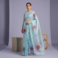 Digital Sunflower Printed Soft Tissue Organza Saree in Blue Colour