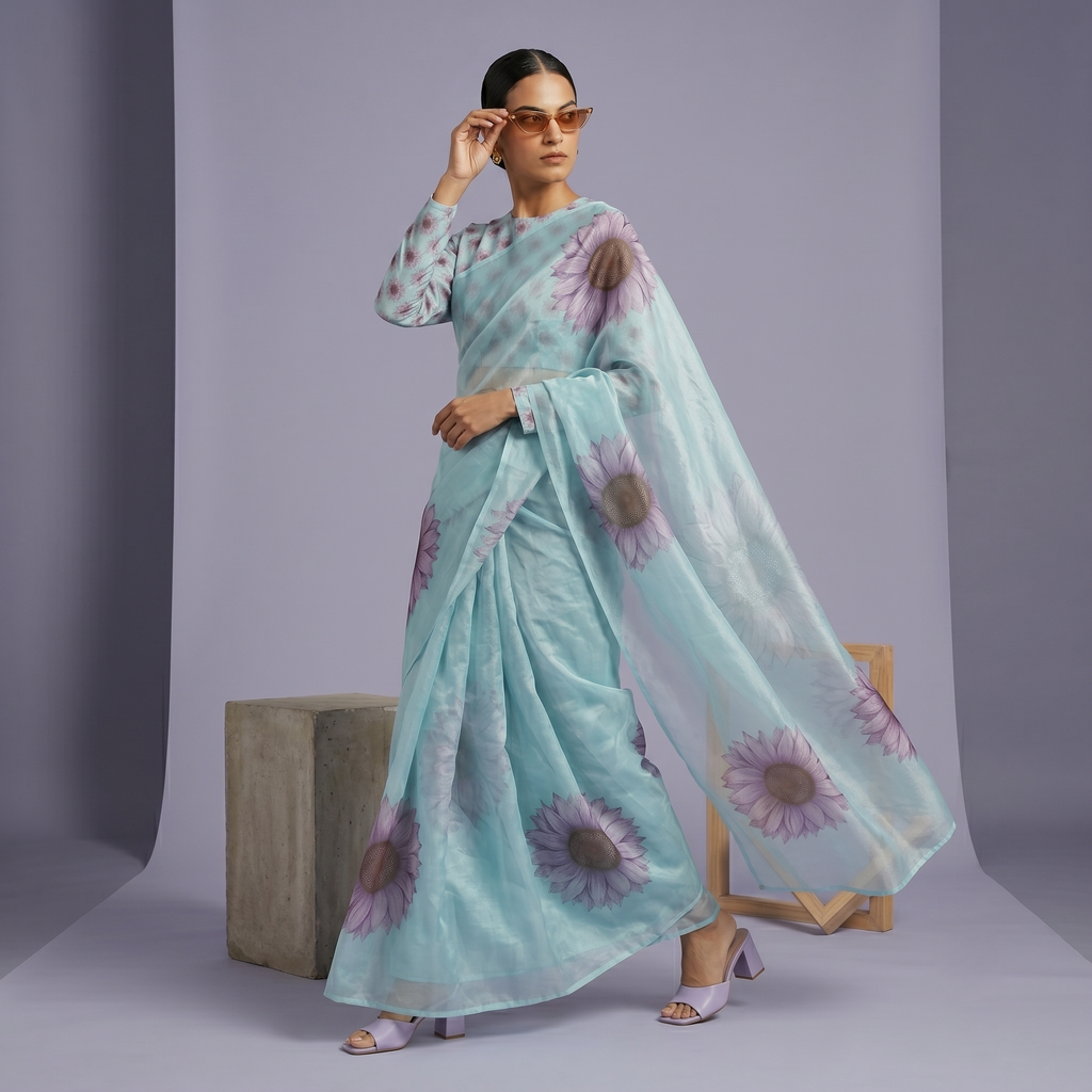 Digital Sunflower Printed Soft Tissue Organza Saree in Blue Colour