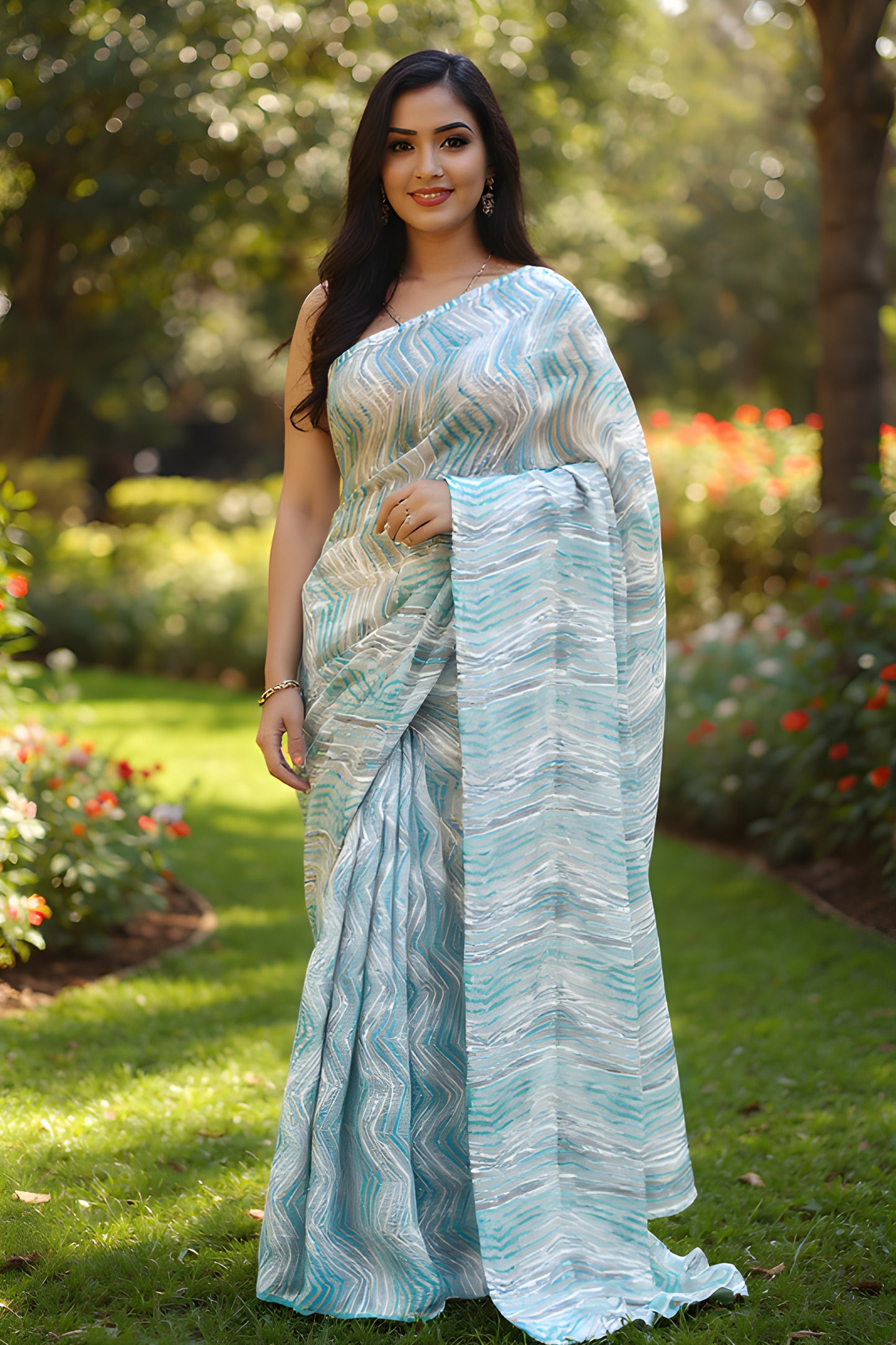 Printed Blue and Grey Leheriya Saree