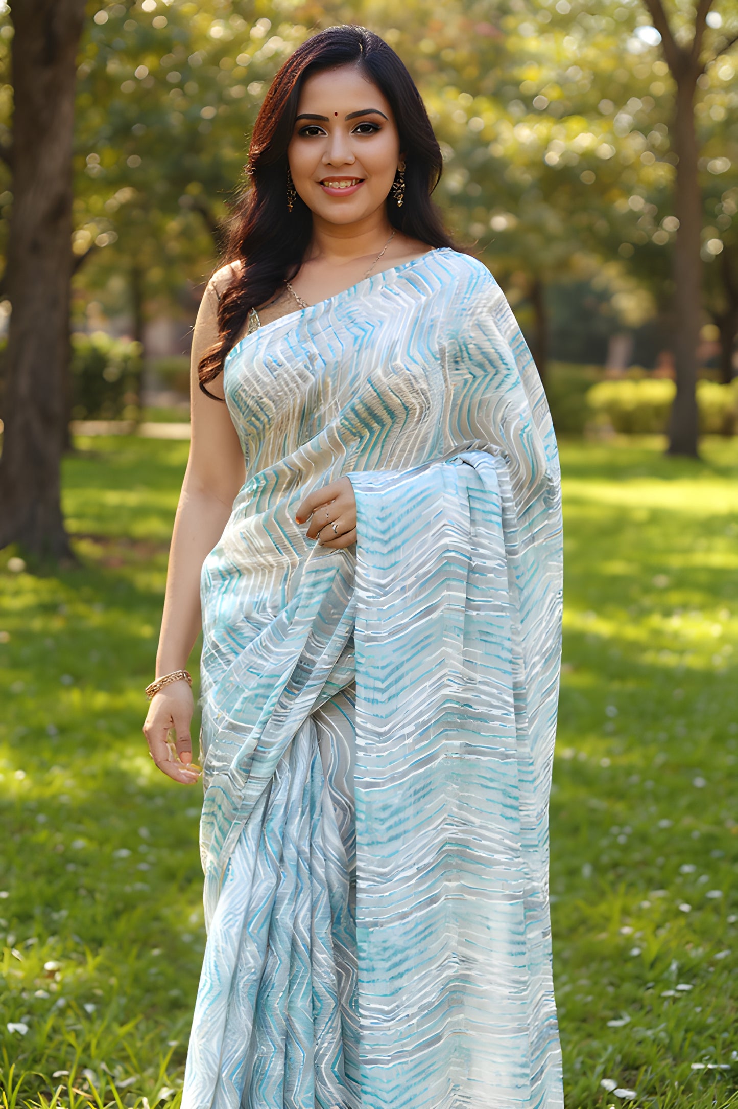 Printed Blue and Grey Leheriya Saree