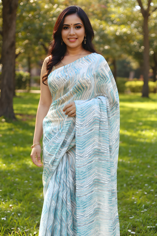 Printed Blue and Grey Leheriya Saree