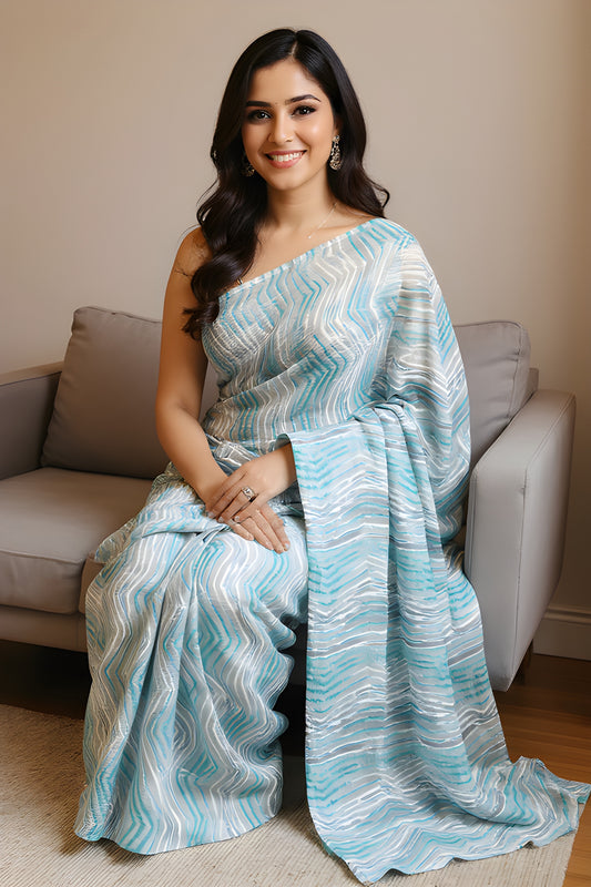 Printed Blue and Grey Leheriya Saree