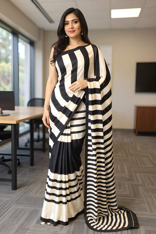 Printed Black and White Striped Sattin Saree