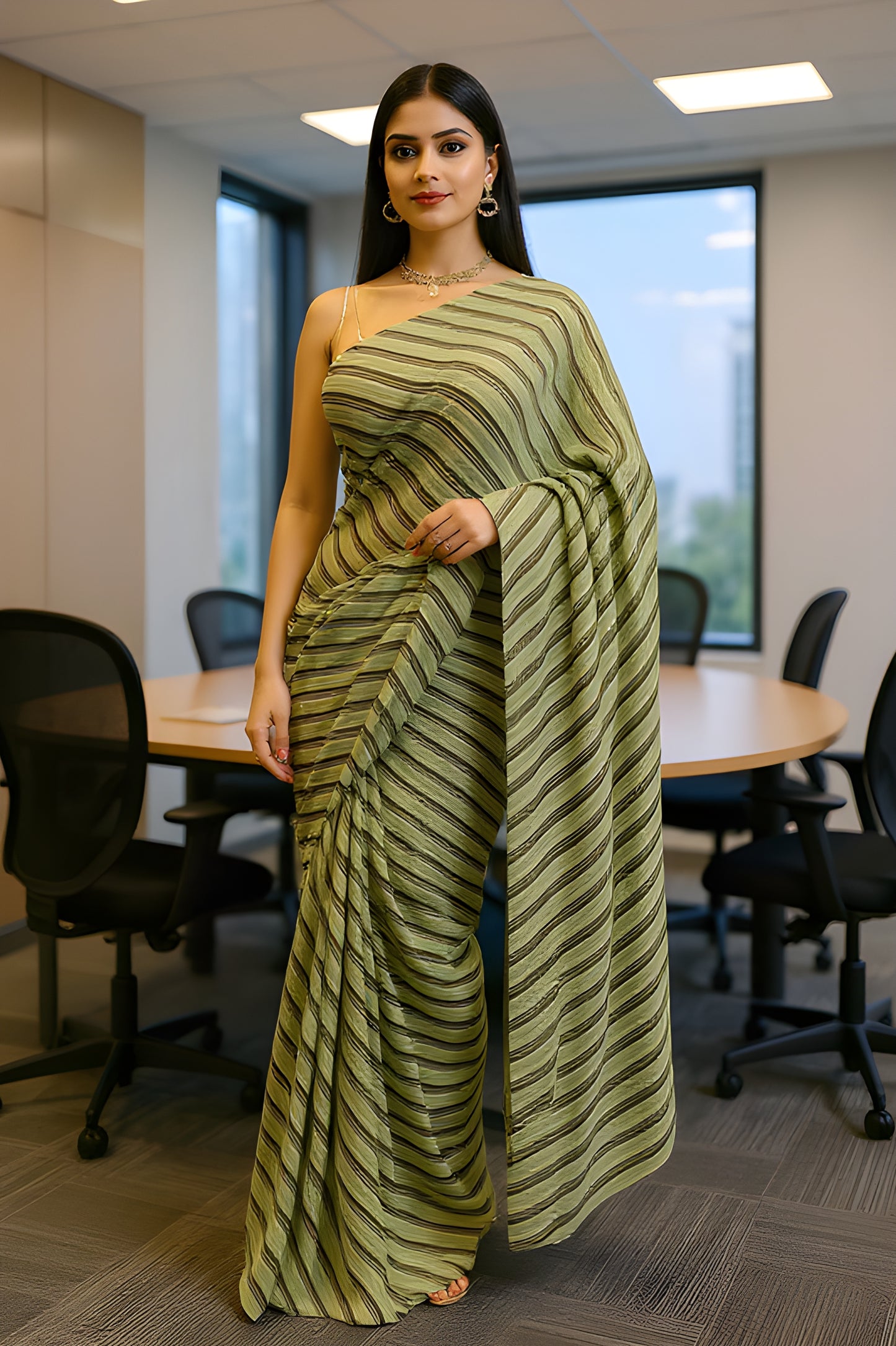 Printed Green Lehariya Stripes Saree