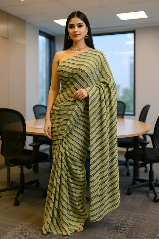 Printed Green Lehariya Stripes Saree