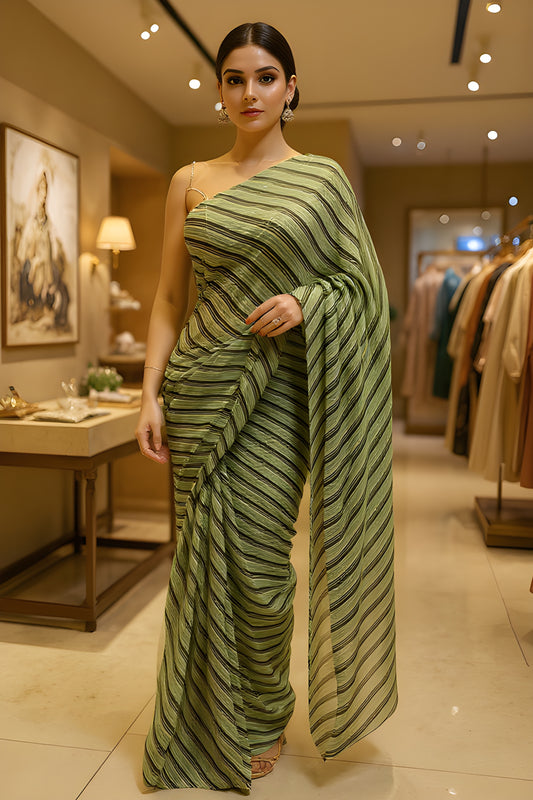 Printed Green Lehariya Stripes Saree