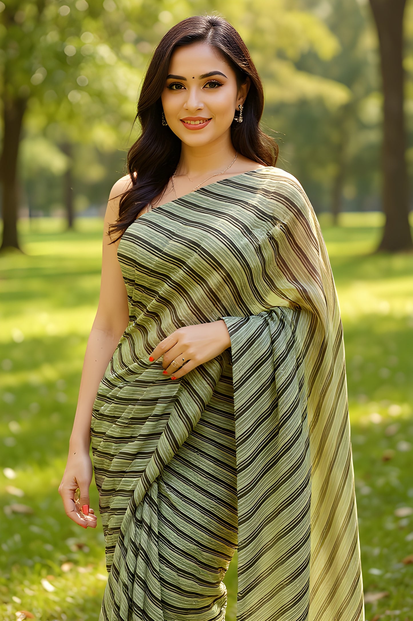 Printed Green Lehariya Stripes Saree