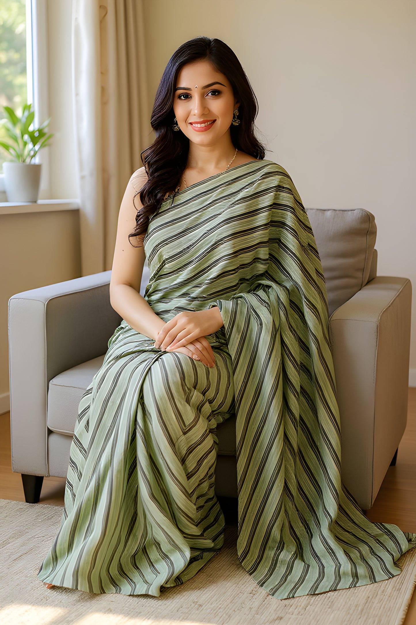 Printed Green Lehariya Stripes Saree