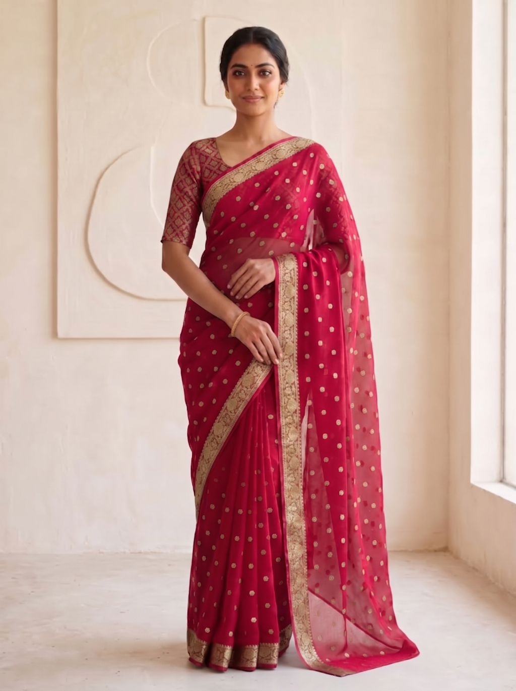 Dark Pink Chiffon Butta Saree