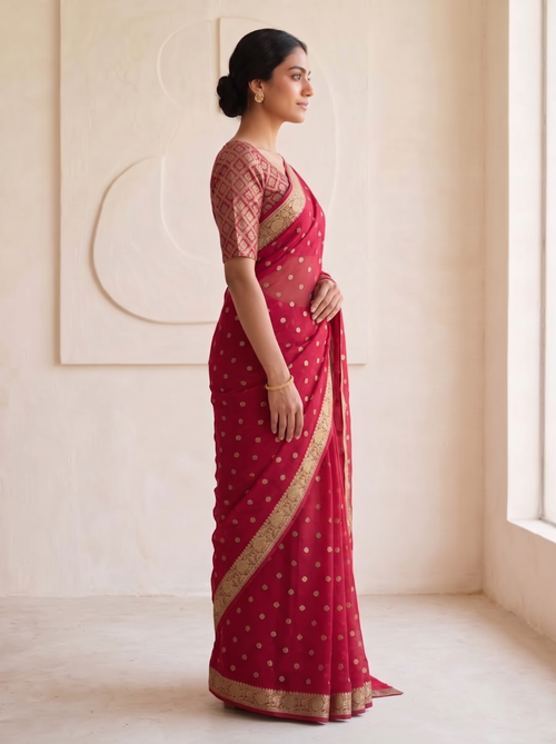 Dark Pink Chiffon Butta Saree