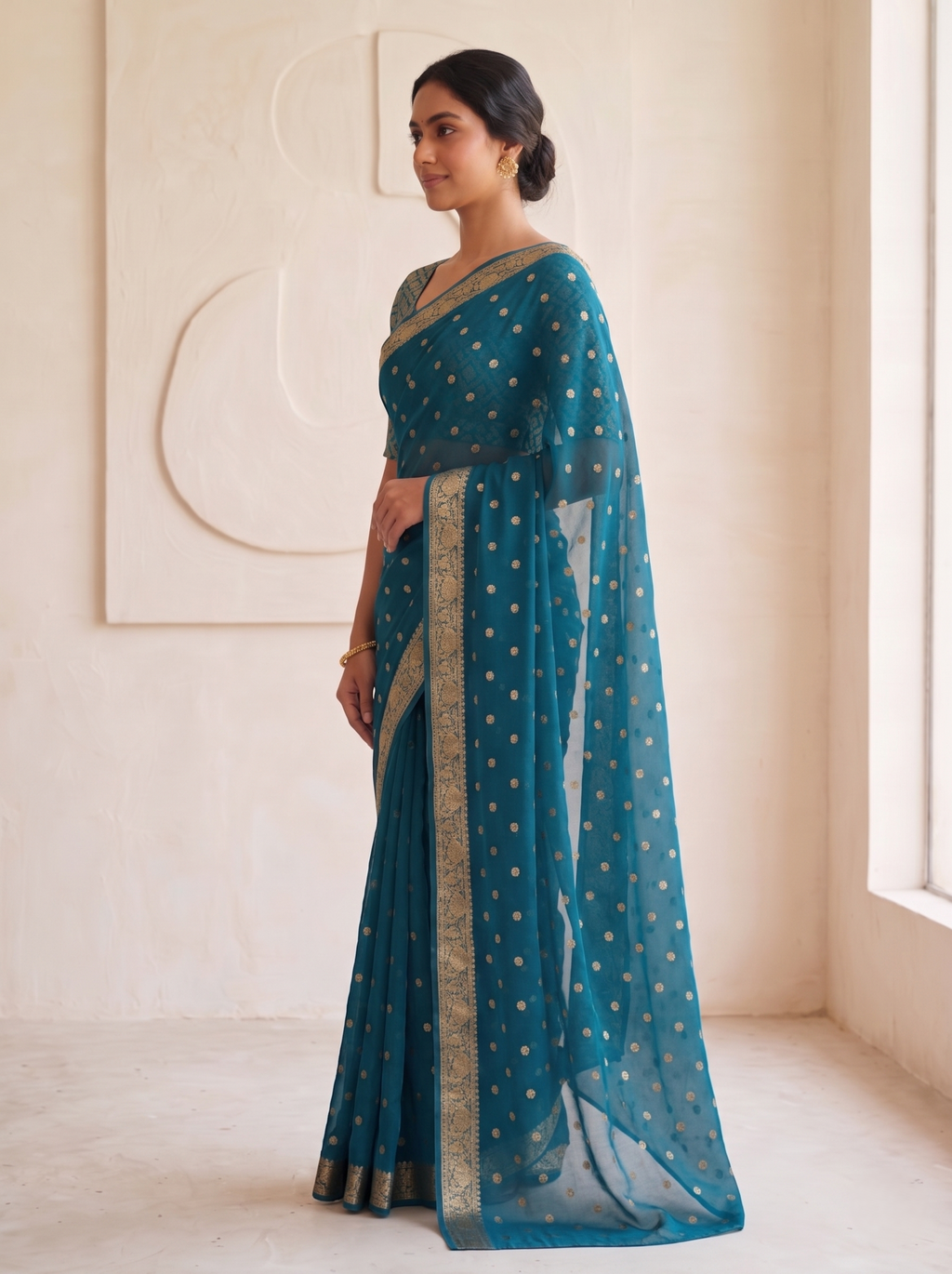 Ferozi Chiffon Saree with Buttas