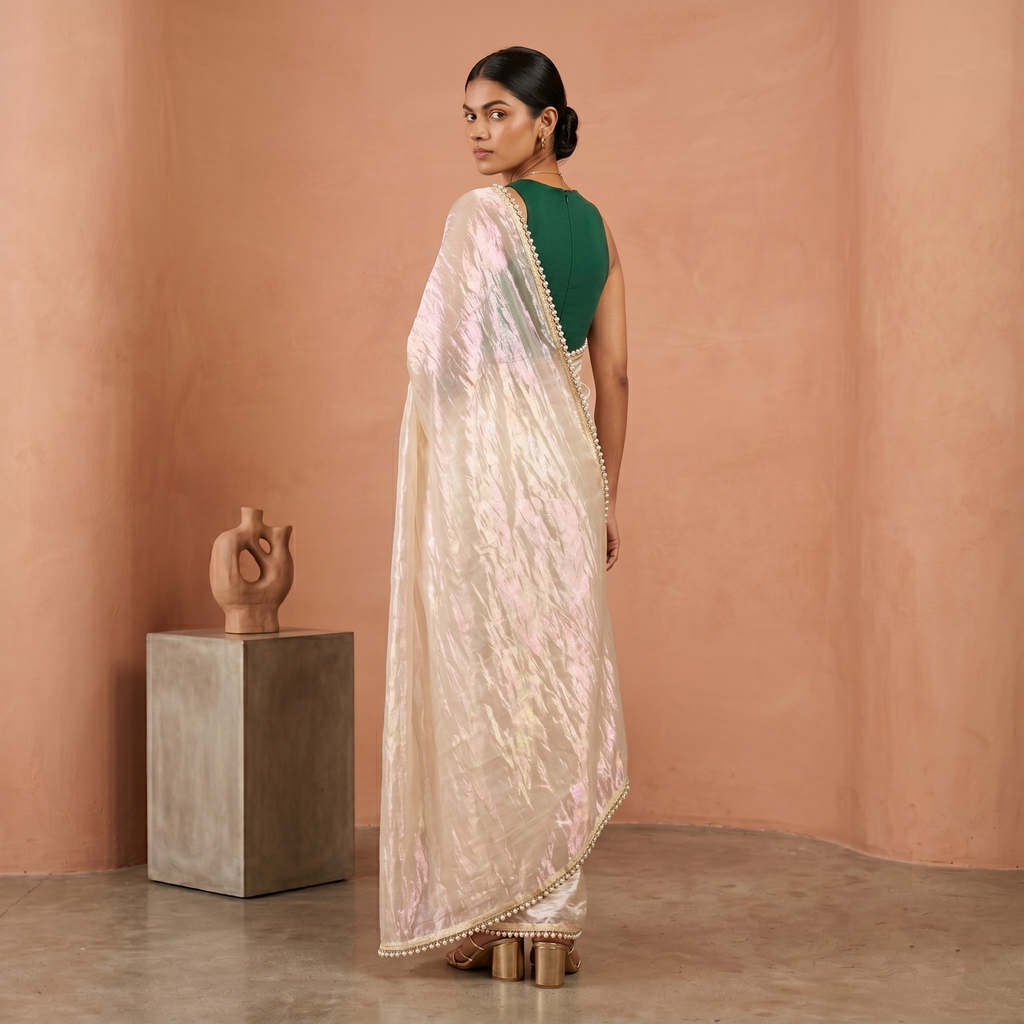 Cream Tissue Saree with Pearl Border