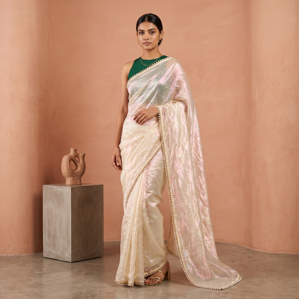 Woman in a white saree with gold details standing against a peach wall.