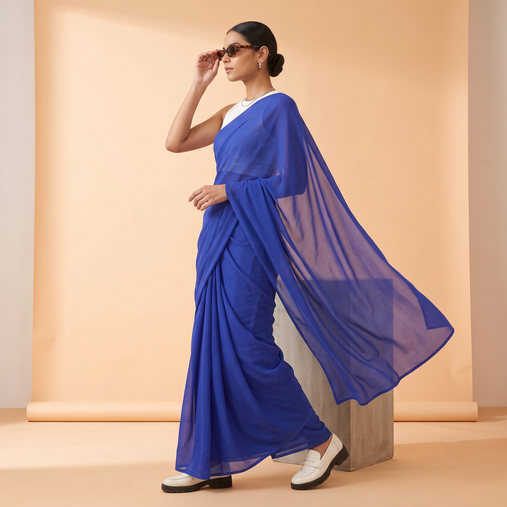Plain Premium Georgette Saree in Royal Blue