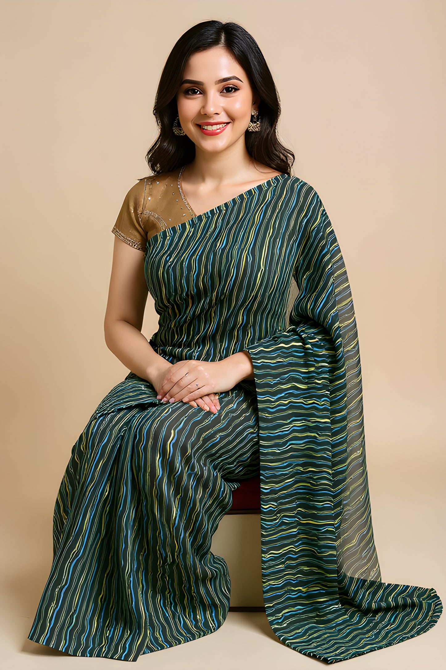 Printed Green Leheriya Saree