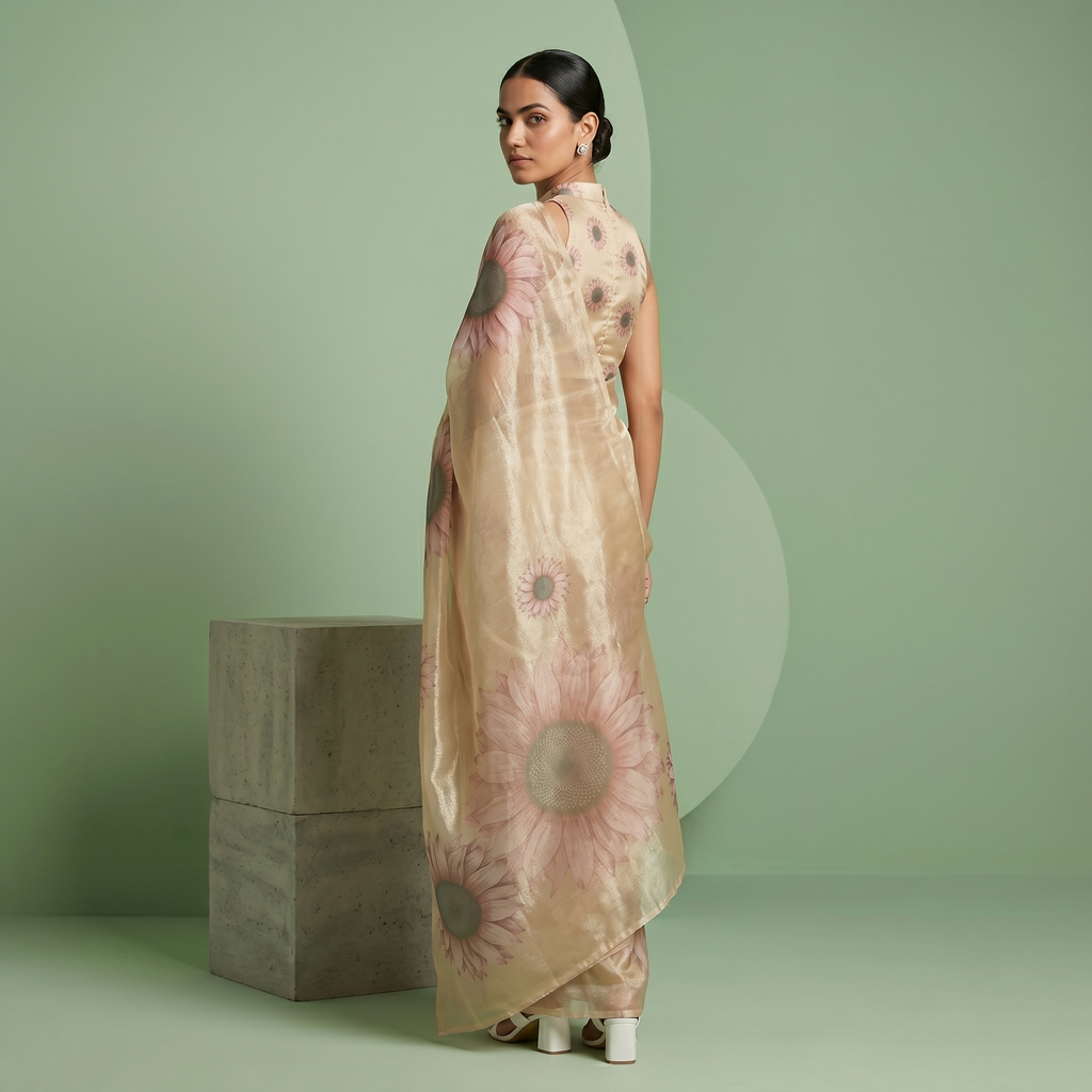 Digital Sunflower Printed Soft Tissue Organza Saree in Golden Beige Colour