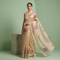 Digital Sunflower Printed Soft Tissue Organza Saree in Golden Beige Colour