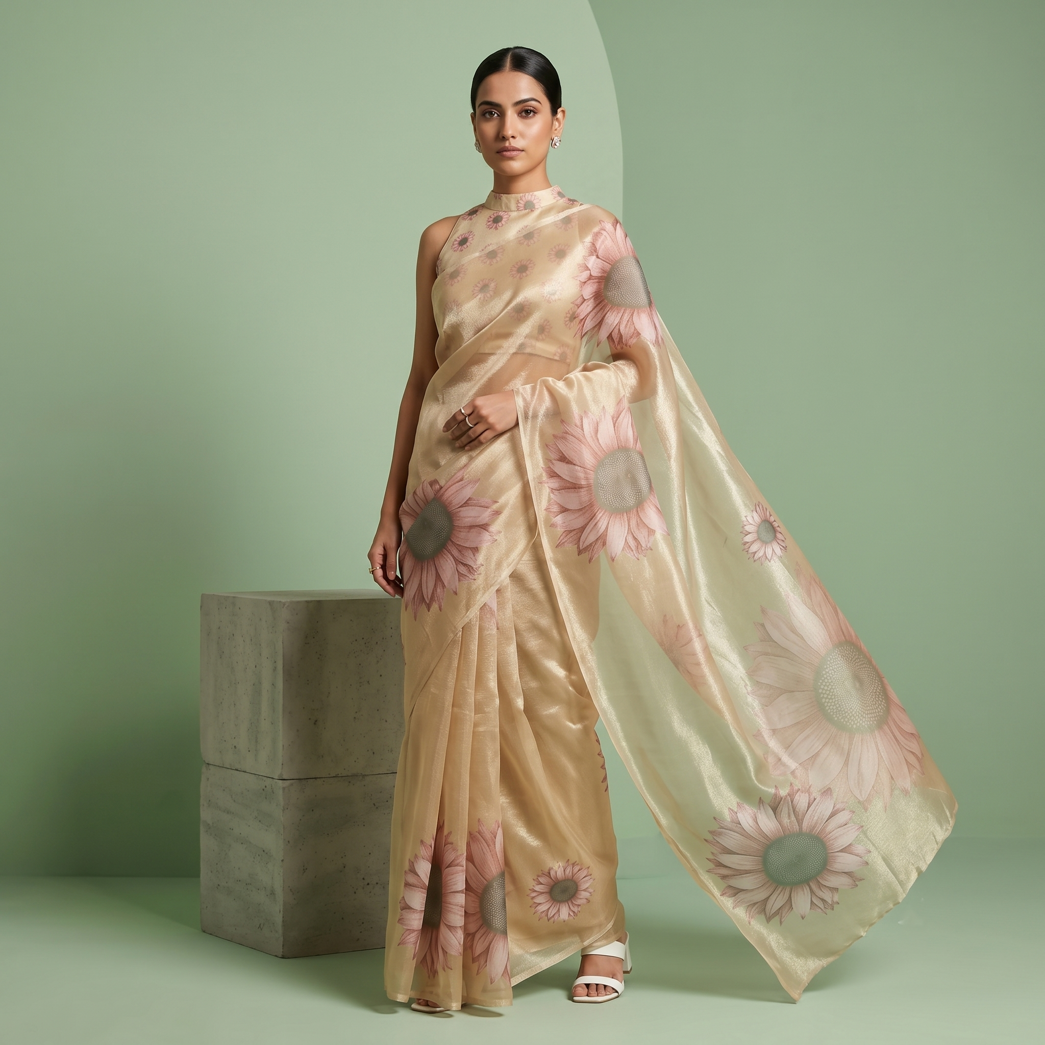 Digital Sunflower Printed Soft Tissue Organza Saree in Golden Beige Colour