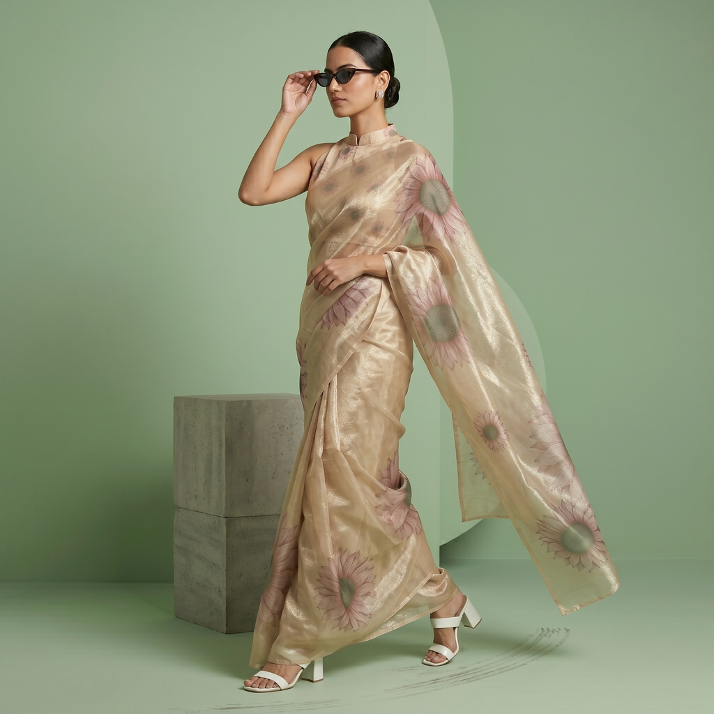 Digital Sunflower Printed Soft Tissue Organza Saree in Golden Beige Colour