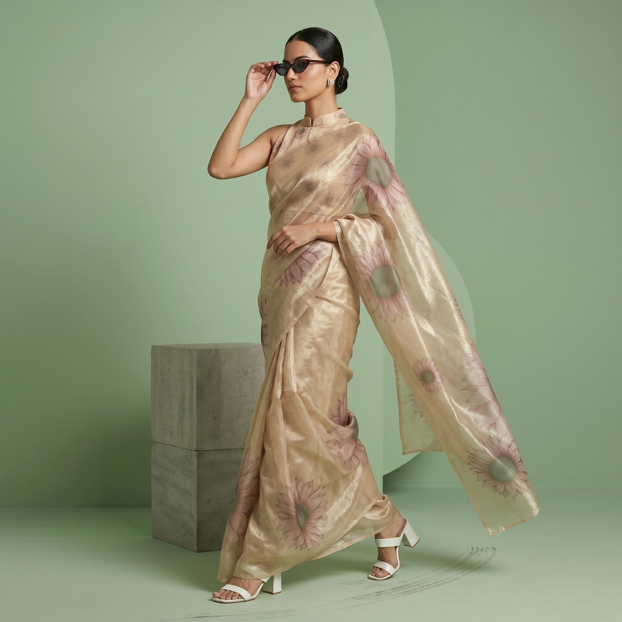 Digital Sunflower Printed Soft Tissue Organza Saree in Golden Beige Colour