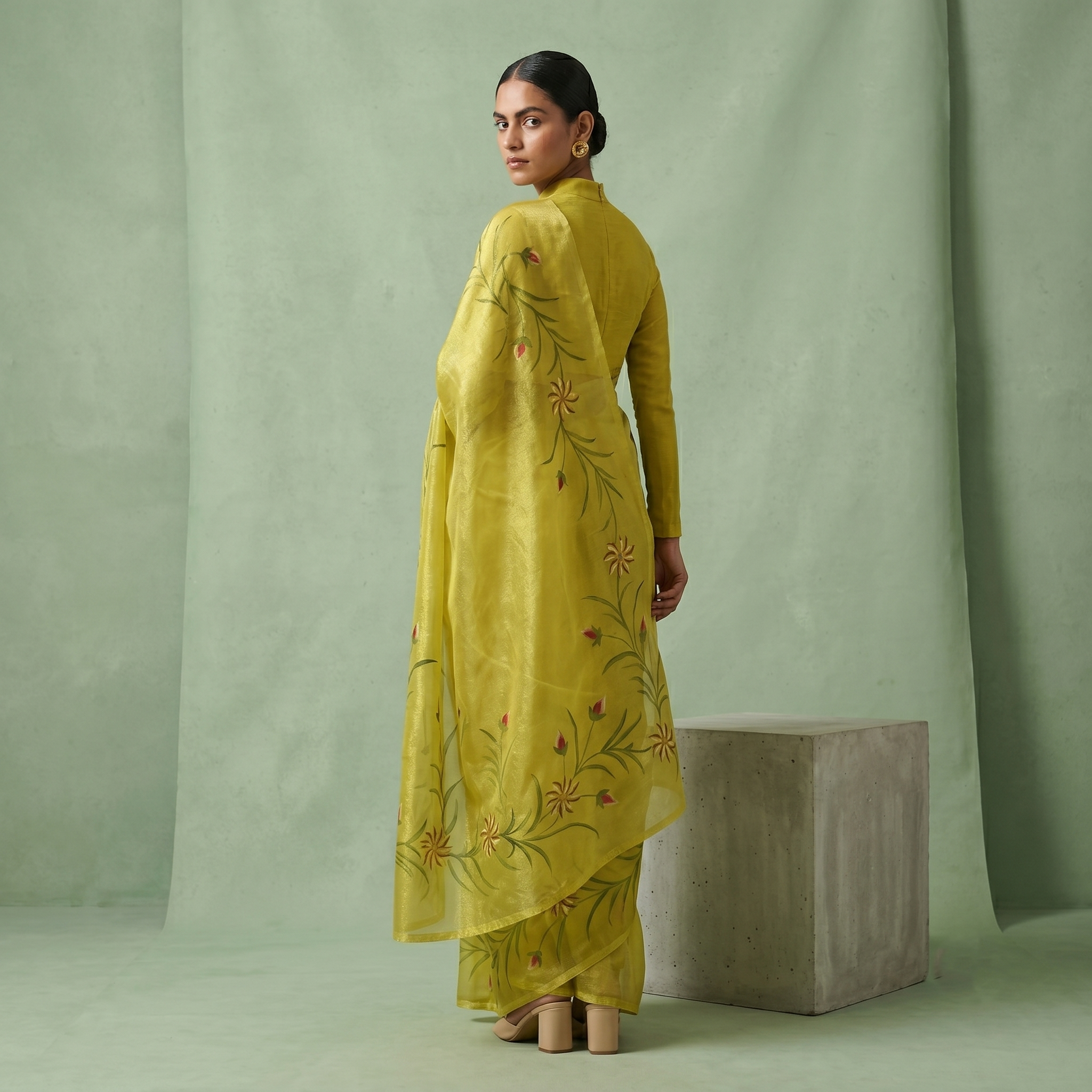Hand Painted Soft Tissue Saree in Green Colour