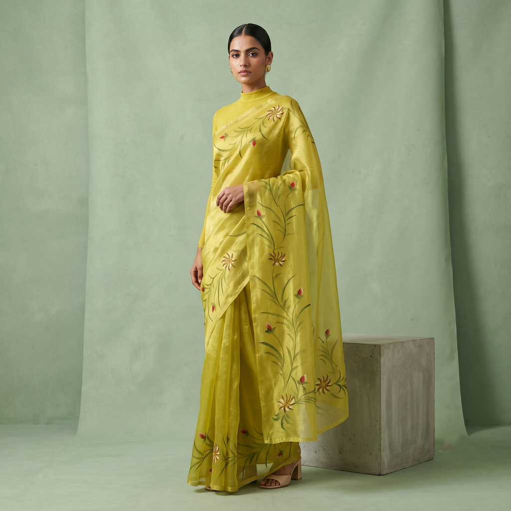 Hand Painted Soft Tissue Saree in Green Colour