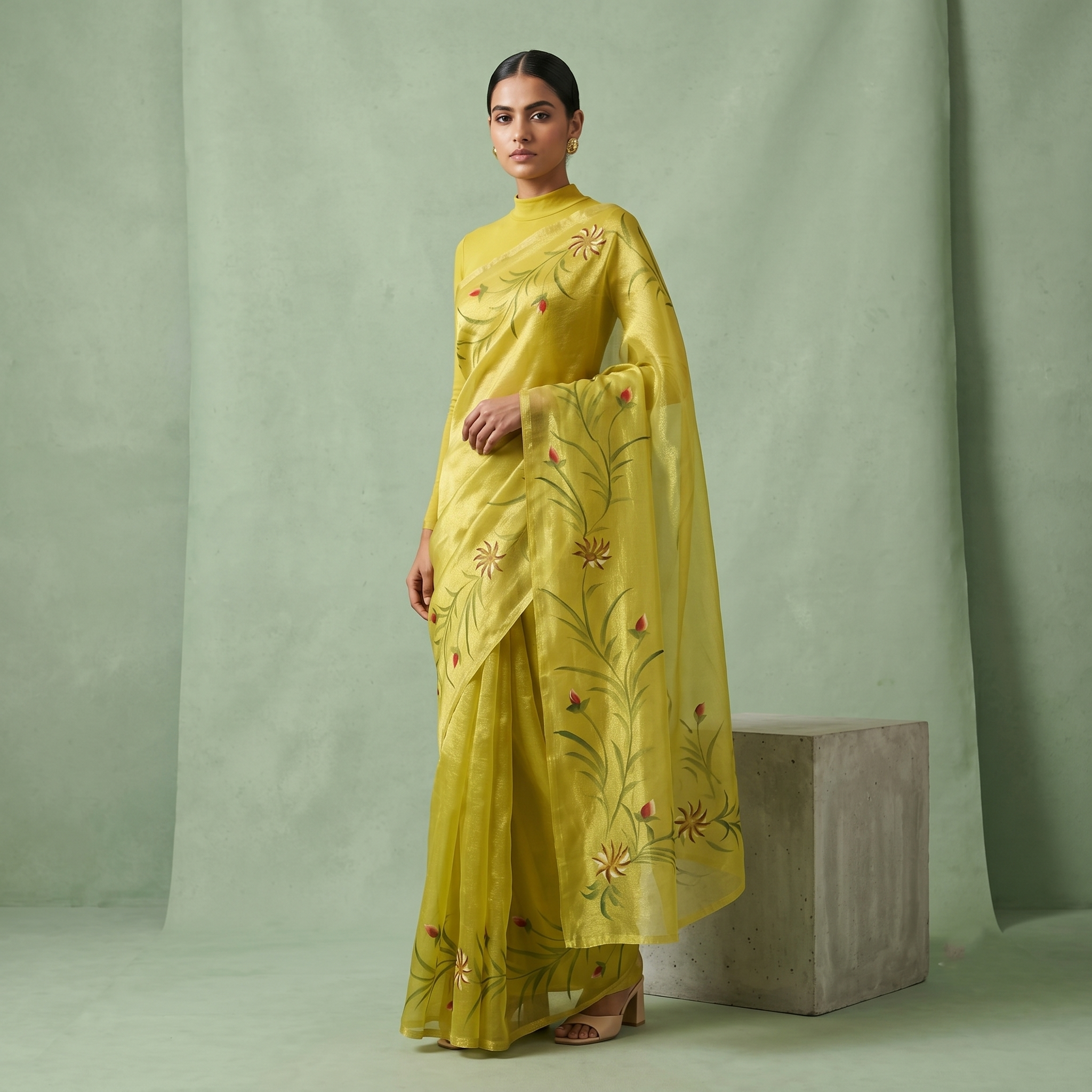 Hand Painted Soft Tissue Saree in Green Colour