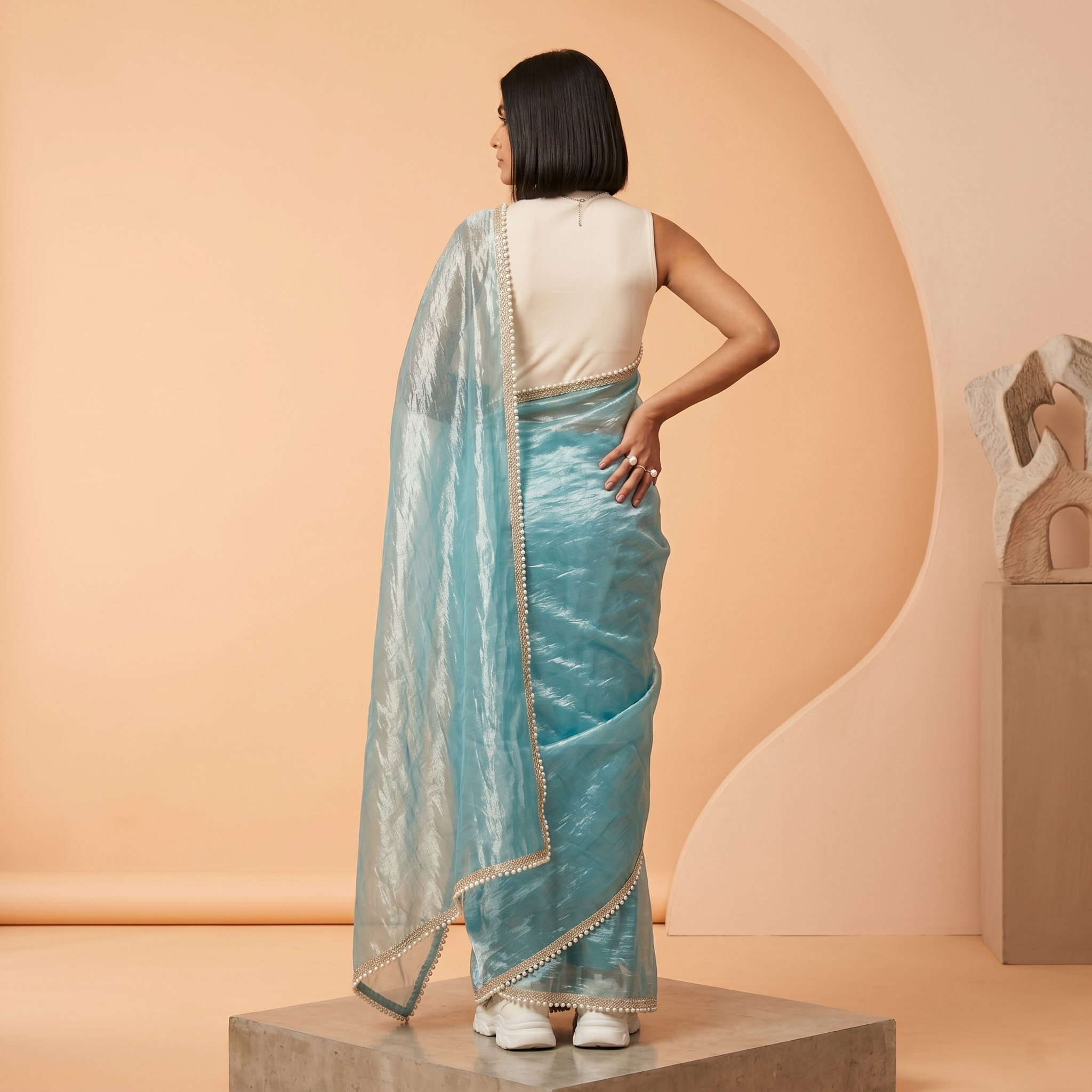 Light Blue Tissue Saree with Pearl Border