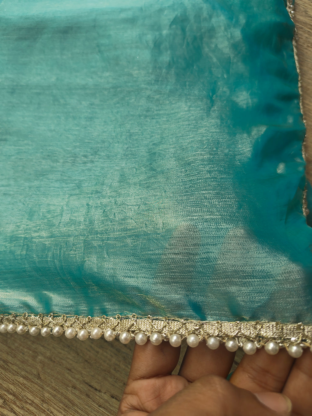 Light Blue Tissue Saree with Pearl Border
