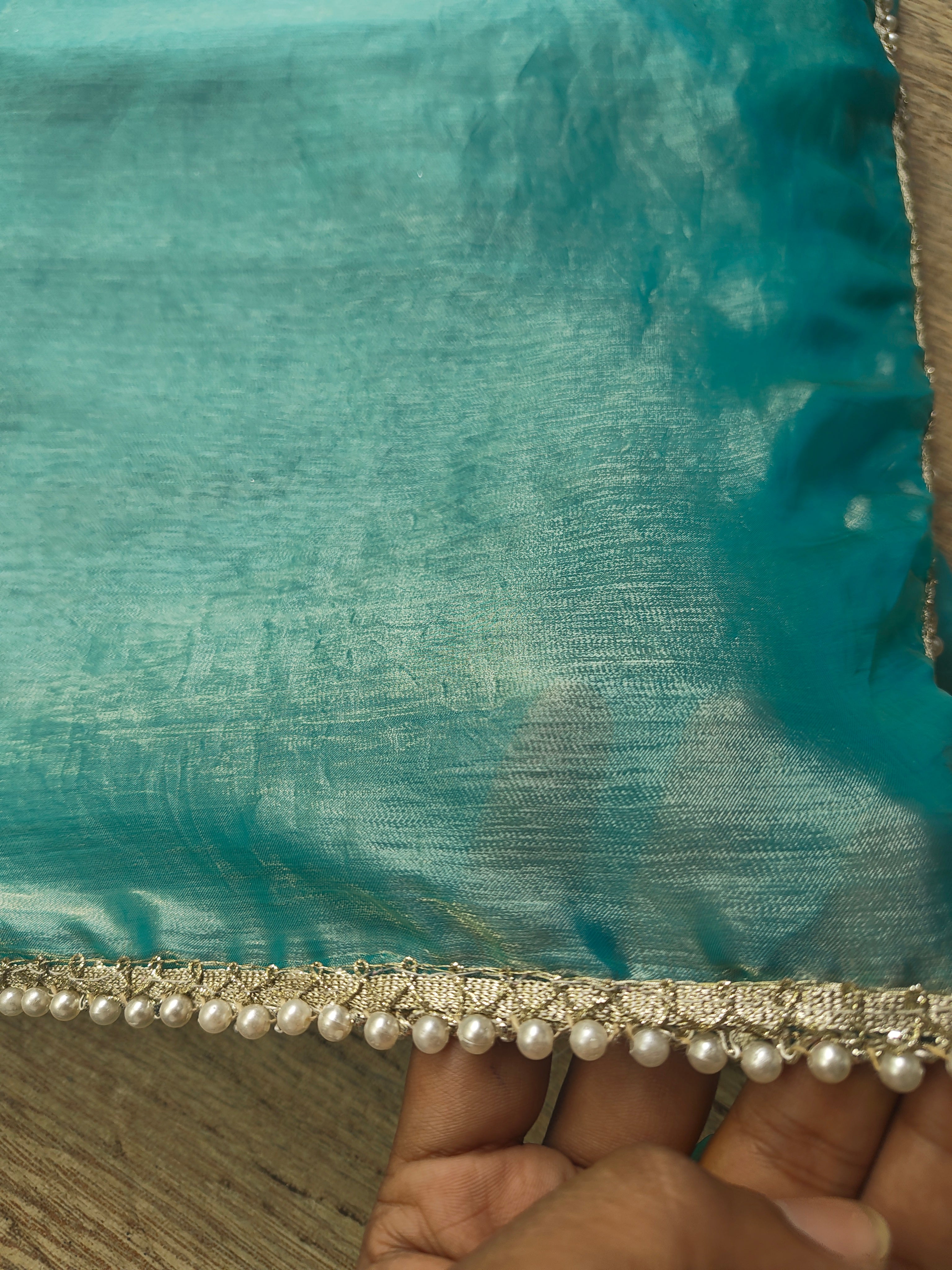 Light Blue Tissue Saree with Pearl Border