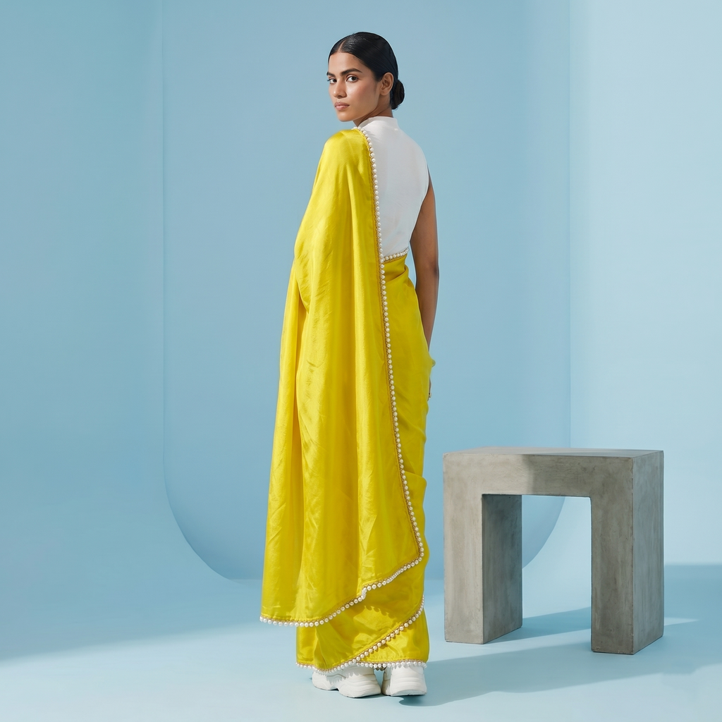 Lime Green Tissue Saree with Pearl Border
