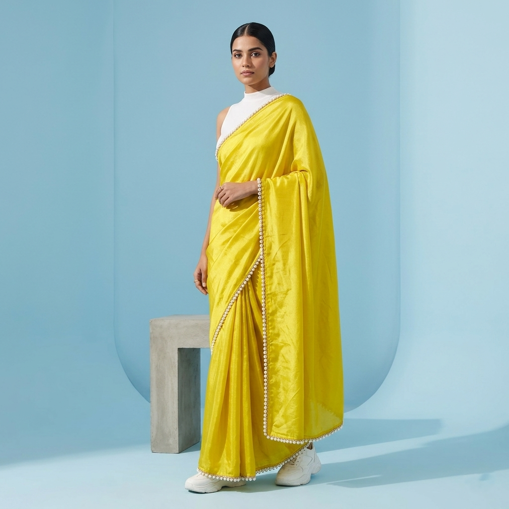 Lime Green Tissue Saree with Pearl Border