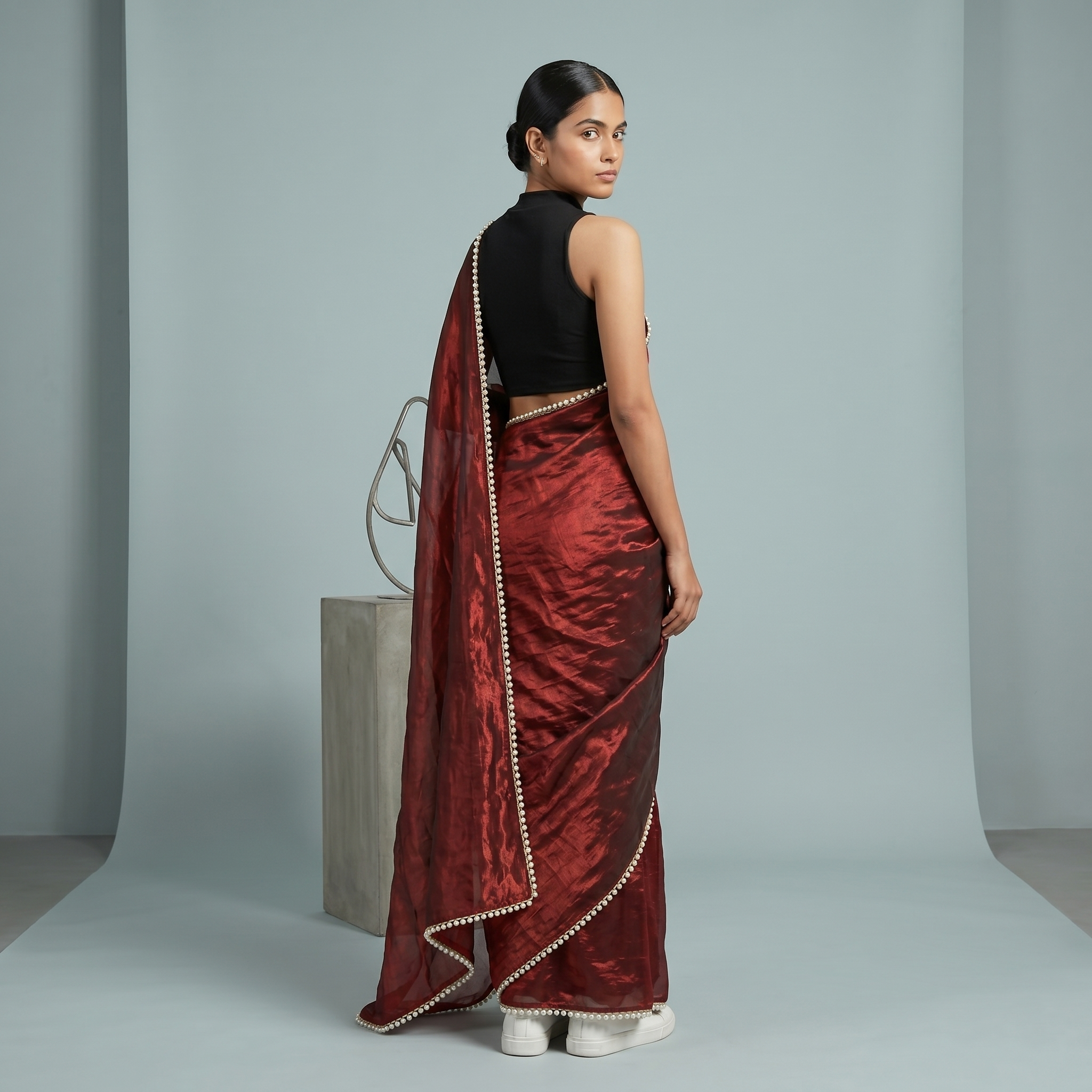 Maroon Tissue Saree with Pearl Border