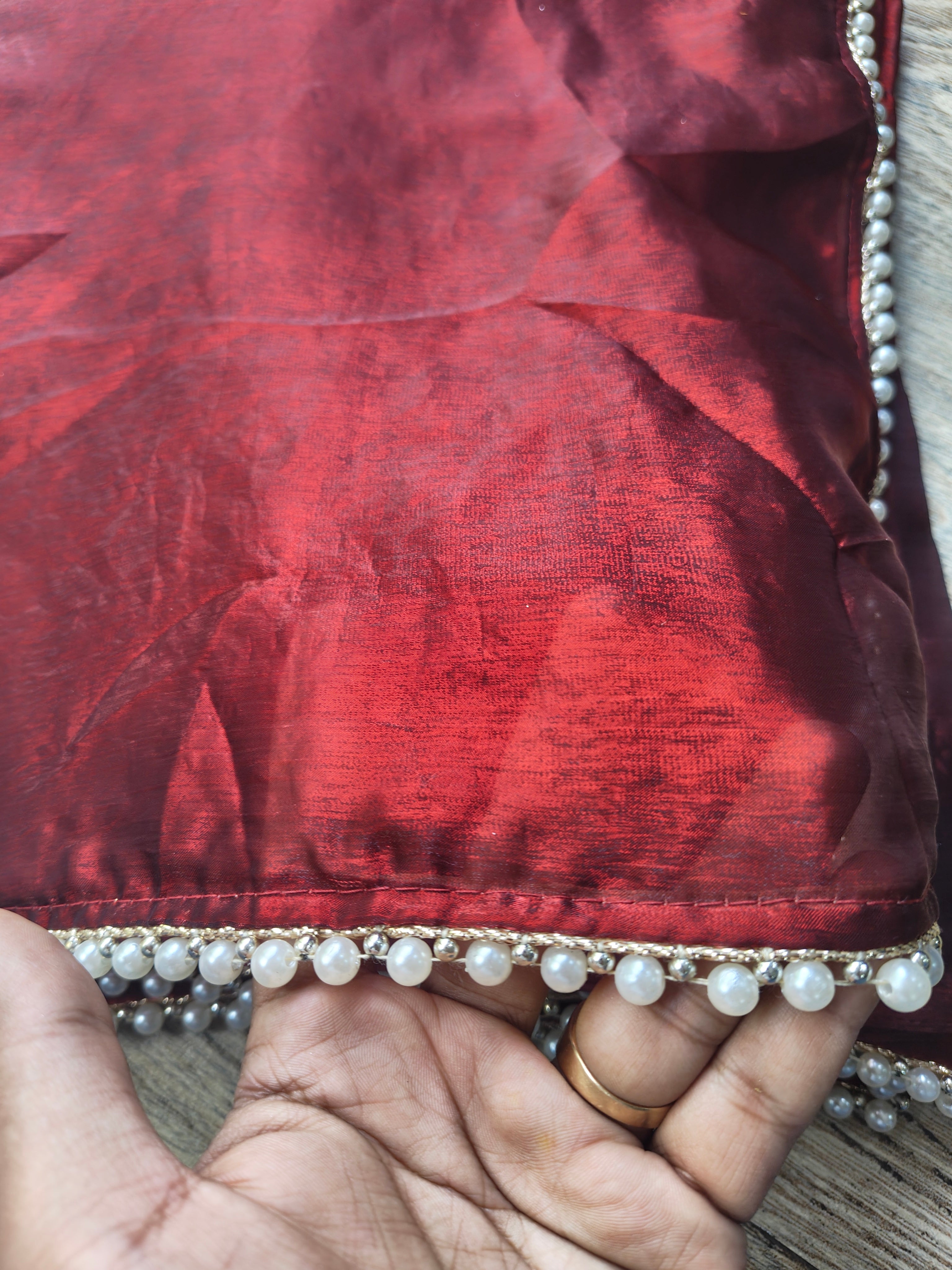 Maroon Tissue Saree with Pearl Border