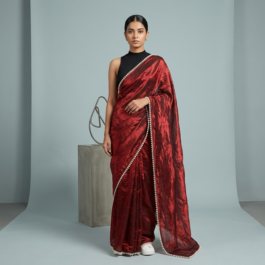 Maroon Tissue Saree with Pearl Border
