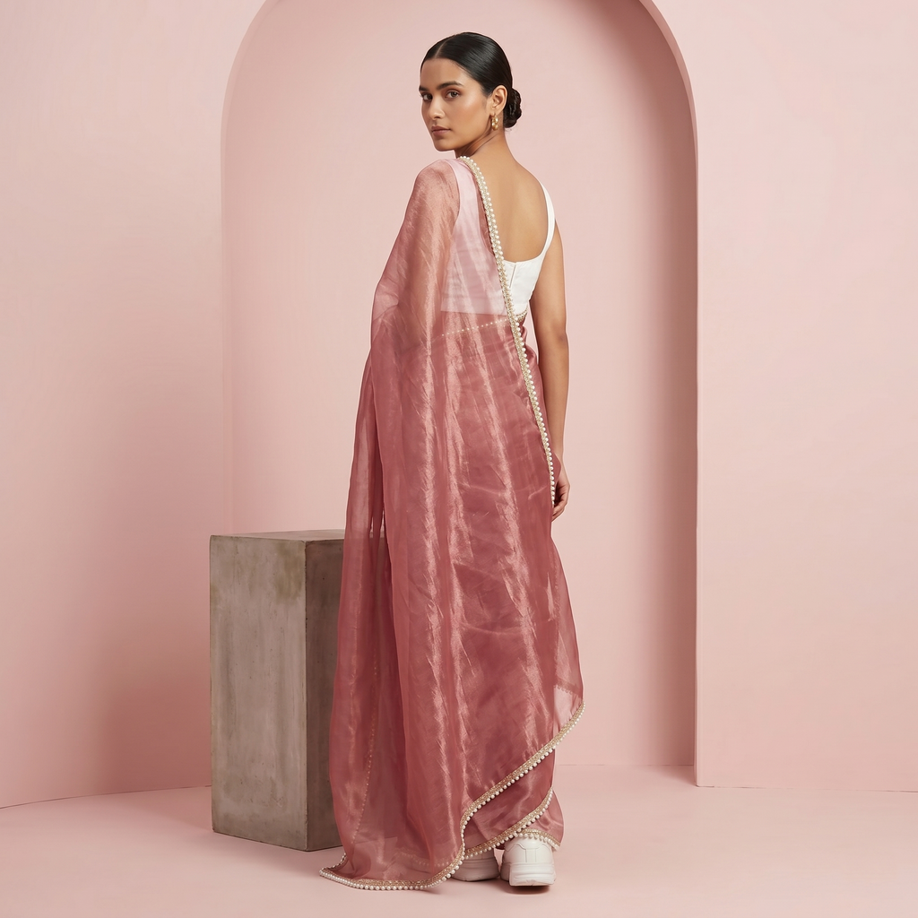Onion Pink Tissue Sree with Pearl Border
