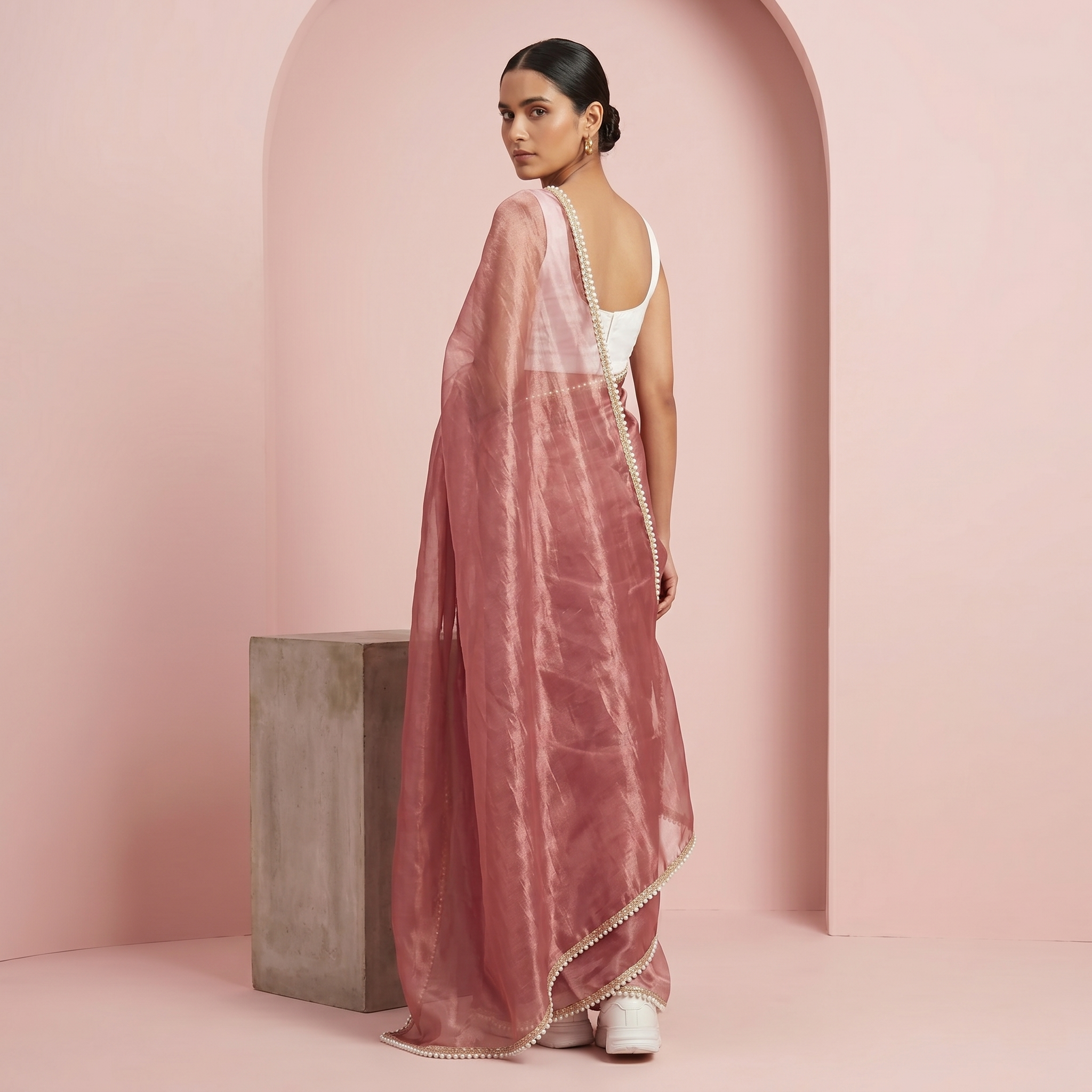 Onion Pink Tissue Sree with Pearl Border