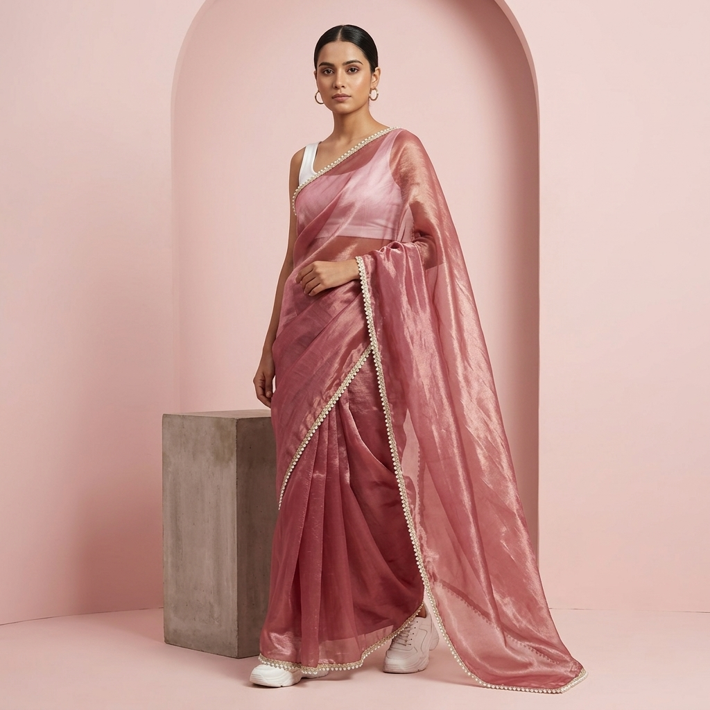 Onion Pink Tissue Sree with Pearl Border